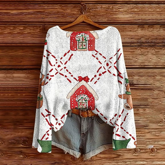 NSLGXD Ugly Christmas Sweater for Women Long Sleeve Crewneck Cute Print Tunic Tops Fashion Loose Fit Knit Pullover Lightweight Breathable Fall Sweaters