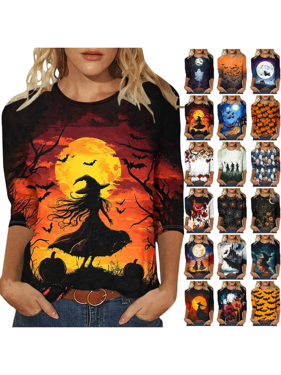 Vintage Halloween 3/4 Sleeve Round Neck Shirts for Women Witch Pumpkin Print Gothic Party Casual Autumn Tops S-5XL