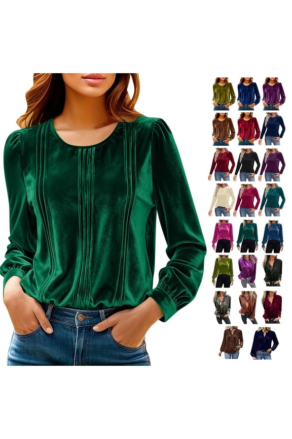 Vintage Velvet Tops for Women Elegant Long Sleeve Shirts Button Down Tshirt Velour Blouses with Pocket Green S