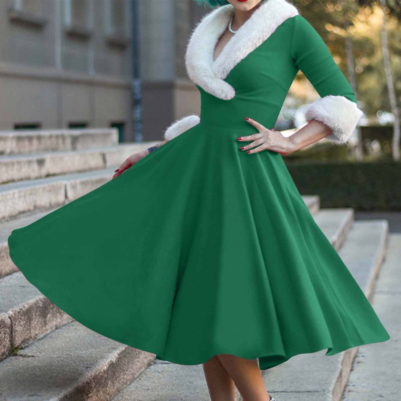 Vintage Christmas Print Short Sleeve V Neck Elegant Chic Flowy Midi Dress