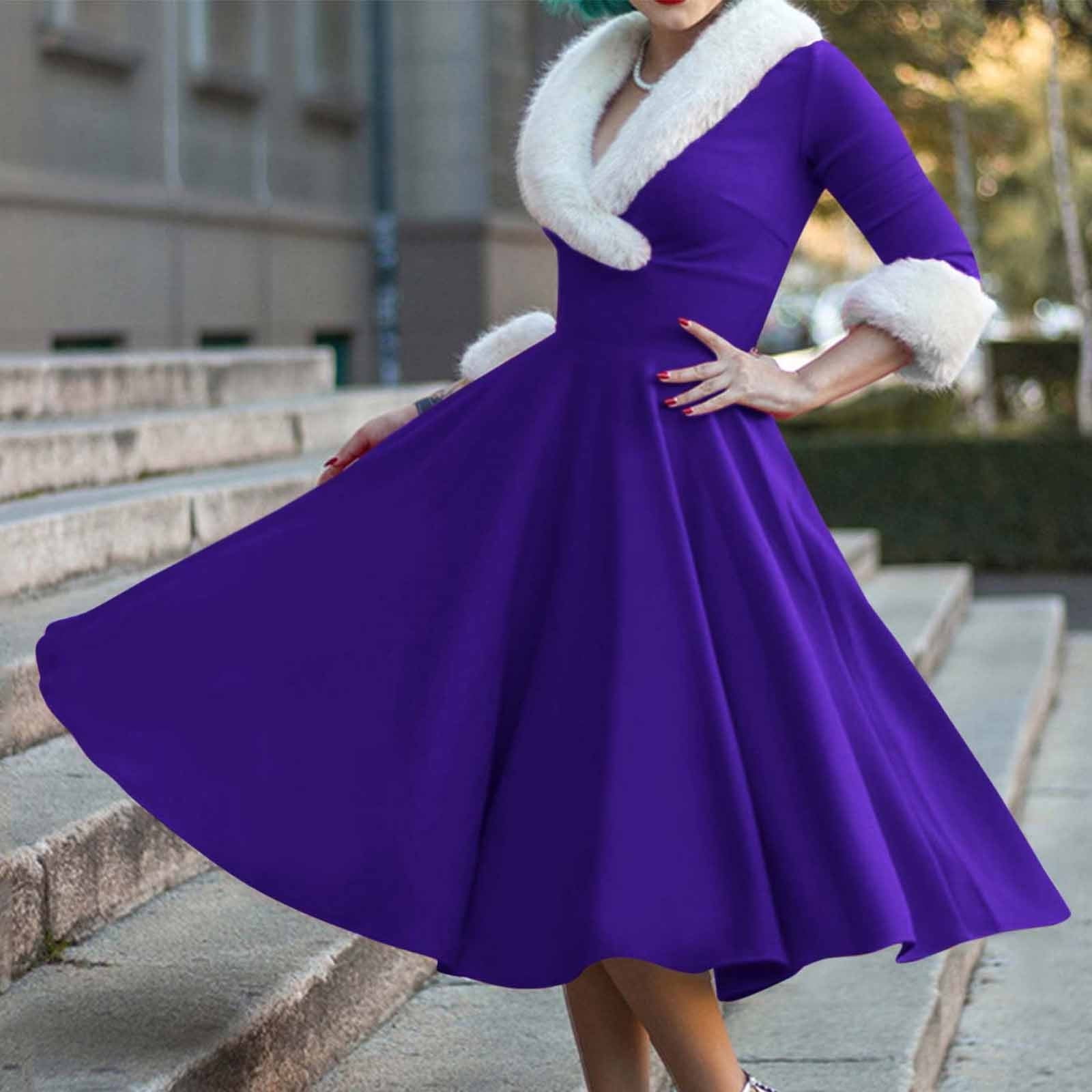 midi classy christmas dresses NSLGXD Women Elegant V Neck Fleece Collar 1950s Vintage Swing Dress Casual Xmas A Line Party Holiday Dresses Formal
