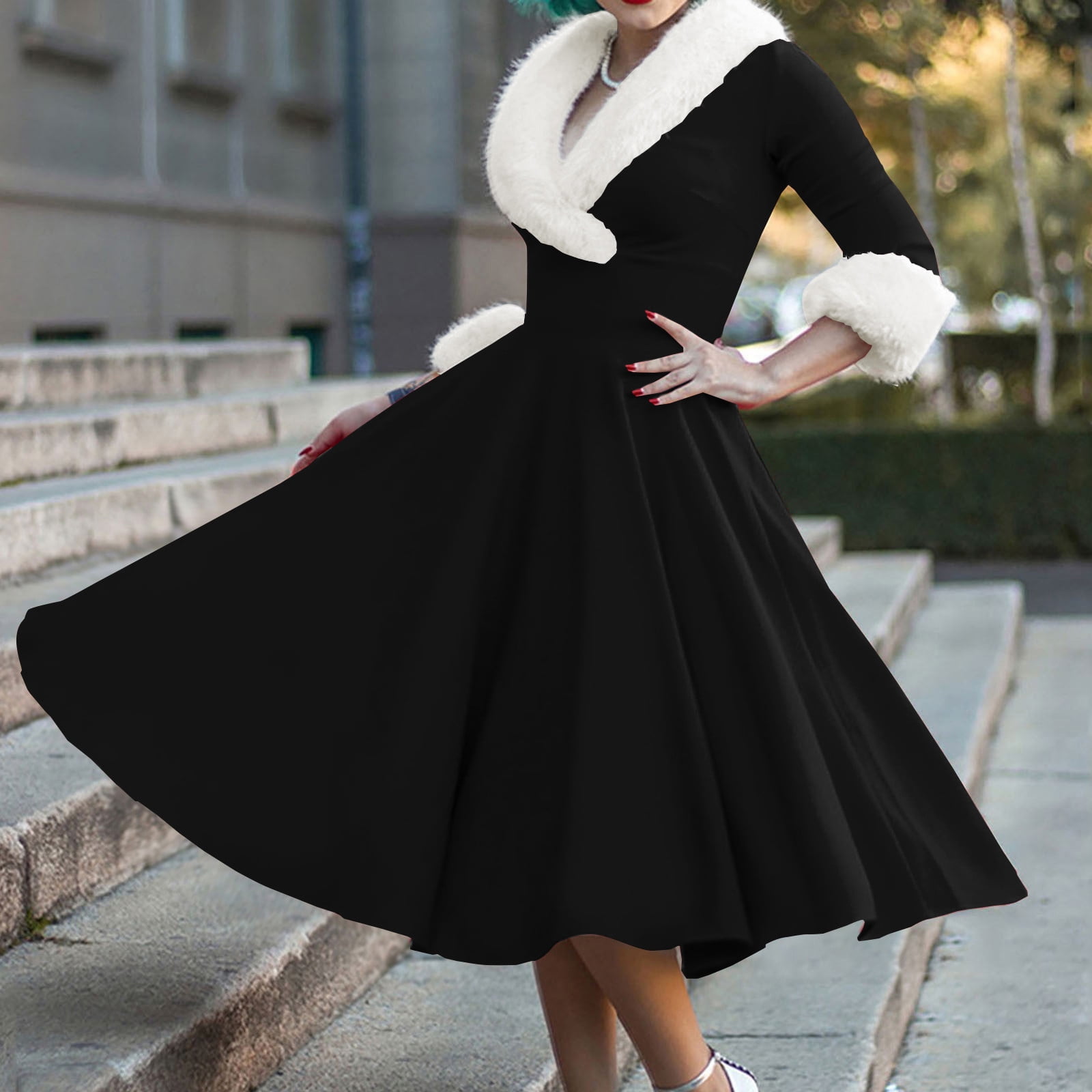 NSLGXD Women Elegant Christmas Dresses V Neck Fleece Collar 1950s Vintage  Midi Swing Dress Casual Xmas A Line Party Holiday Dresses - Walmart.com