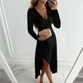 thumbnail image 1 of NSLGXD Women Fashion V Neck Dresses Long Sleeve Vintage Warp Bodycon Cocktail Party Midi Dress Dressy Casual Split Holiday Dresses, 1 of 9