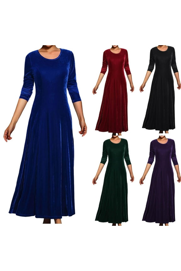 Women Flowy Velvet Dresses Long Sleeve Crewneck High Waist Formal Holiday Dress Fall Fleece Party Swing Midi Dresses Green XL