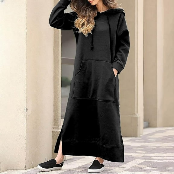 NSLGXD Women Hooded Maxi Dresses Casual Loose Long Sleeve Sweatshirt Long Dress Winter Fall Drawstring Side Split Hoodie Dresses with Kangaroo Pocket