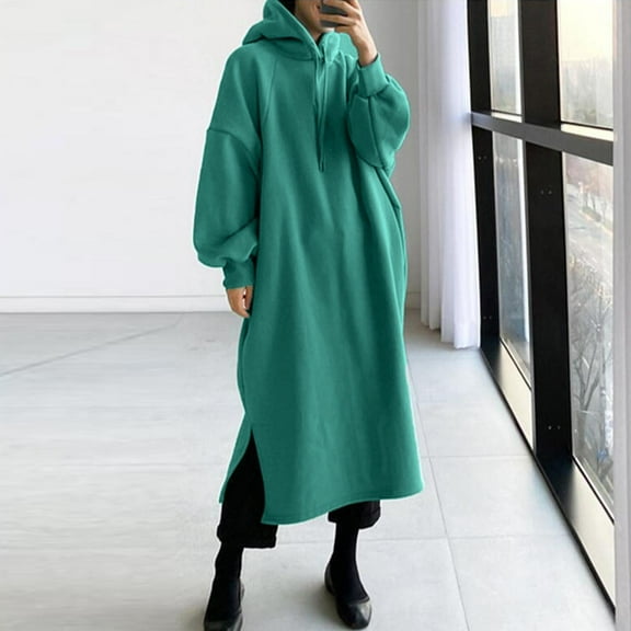 NSLGXD Women Hooded Midi Dresses Casual Loose Long Sleeve Oversized Sweatshirt Long Dress Winter Fall Drawstring Side Split Pullover Dresses