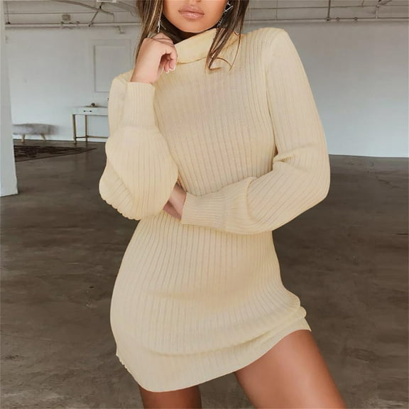 NSLGXD Women Knit Sweater Dress Turtleneck Lantern Long Sleeve Ribbed Knit Bodycon Mini Dresses Casual Loose Fall Winter Short Dress