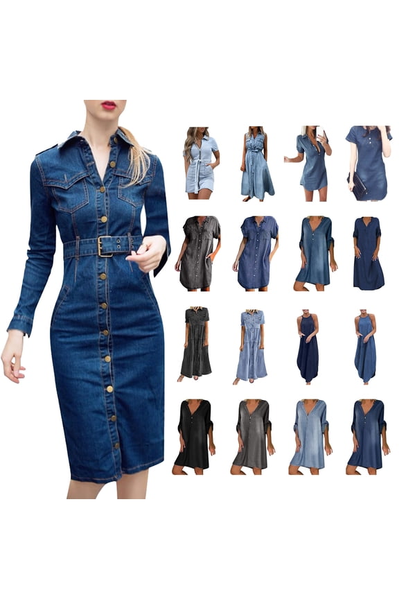 Women's Button Down Denim Shirt Dresses Short Sleeve Lapel Collared Pleated A Line Swing Ruffle Jeans Maxi Dress Black S