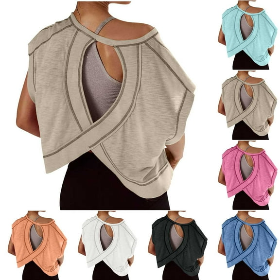 NSLGXD Women Short Sleeve Workout Shirts Open Back Tops Casual Loose Gym Running Yoga Shirt Athletic Tee Activewear Crop Tops
