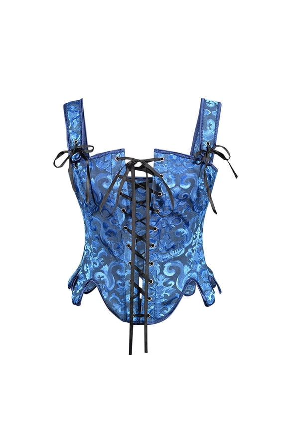 Women Vintage Floral Corset Top Renaissance Vest Camisole Flower Print Bustier Lace Up Boned Waist Cincher Asymmetrical Hem Bodice Top Blue S
