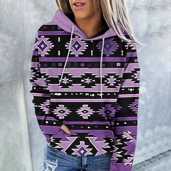 NSLGXD Women Western Ethic Hoodies Aztec Style Print Graphic Sweatshirts Long Sleeve Hooded Pullover Vintage Clothing with Pocket
