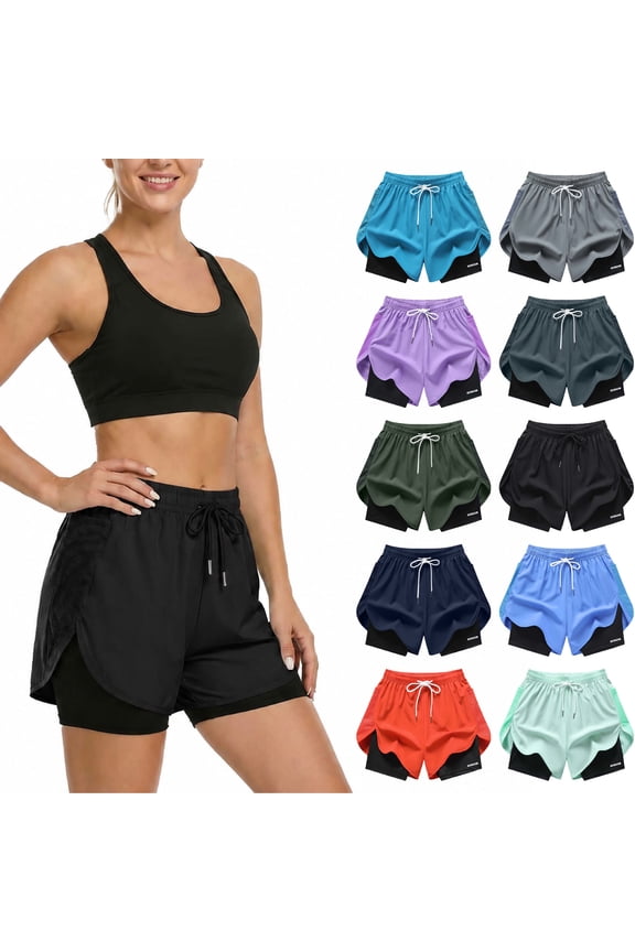 Women's 2-in-1 Running Shorts Elastic Drawstring Waist Double Layer Quick Dry Workout Shorts with Liner and Pockets XS-2XL Black Shorts