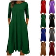 thumbnail image 1 of NSLGXD Women's 3/4 Sleeve Casual Dress Crew Neck Solid Color Pleated Midi Dresses Summer Work Office Formal Dress with Side Split Green Dress,Size S-2XL, 1 of 6