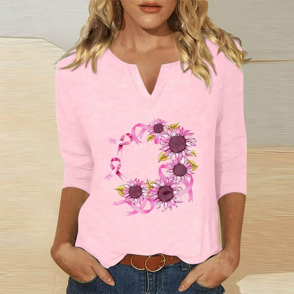 NSLGXD Women's Breast Cancer Awareness 3/4 Sleeve Shirts Casual V Neck Pink Ribbon Print Spread The Hope Tee Tops Fall Lightweight Pullover Shirts