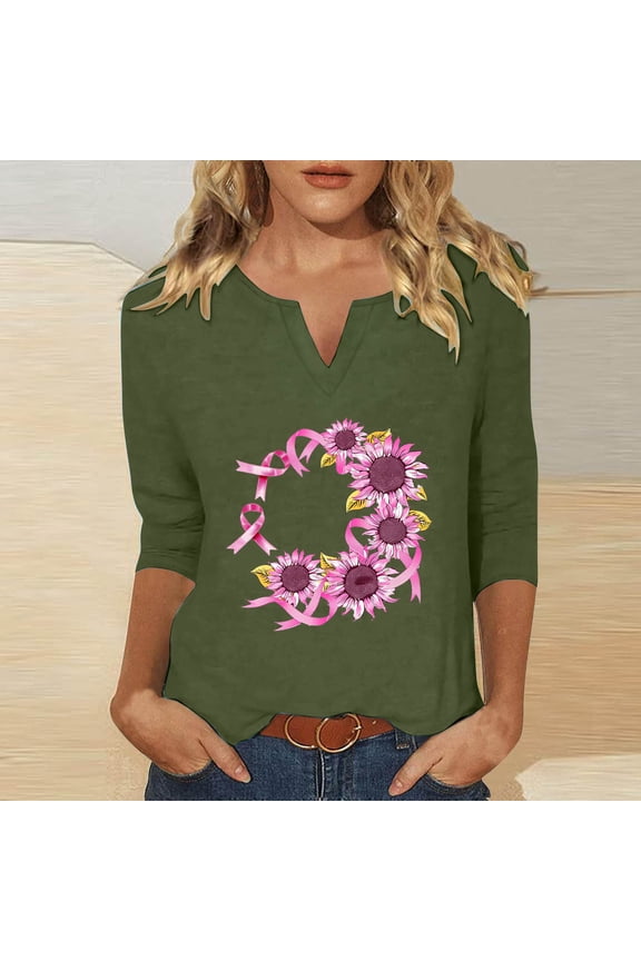 Women's Breast Cancer Awareness 3/4 Sleeve Shirts Casual V Neck Pink Ribbon Print Spread The Hope Tee Tops Fall Lightweight Pullover Shirts