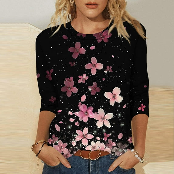 NSLGXD Women's Casual 3/4 Sleeve T-Shirts Casual Round Neck Cute Tunic Tops Trendy Floral Print Basic Tees Blouses Loose Fit Business Work Tee Going Out Tops for Women