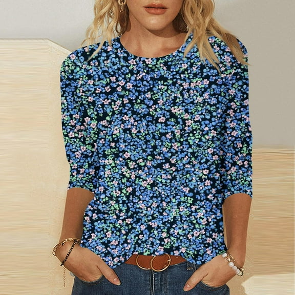 NSLGXD Women's Casual 3/4 Sleeve T-Shirts Round Neck Cute Tunic Tops Trendy Floral Print Basic Tees Blouses Loose Fit Business Work Tee Shirts Going Out Tops for Women