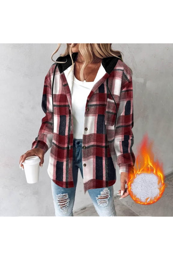 Women's Casual Plaid Hooded Shacket Flannel Drawstring Jacket Fleece Lined Button Down Shirt Hoodie with Pocket