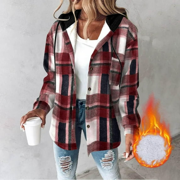 NSLGXD Women's Casual Plaid Hooded Shacket Flannel Drawstring Jacket Fleece Lined Button Down Shirt Hoodie with Pocket