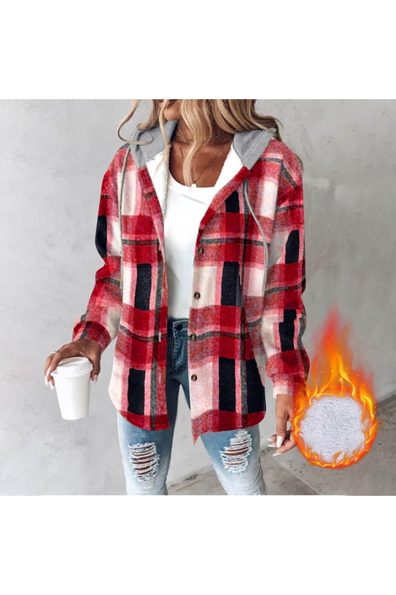 Women's Casual Plaid Hooded Shacket Flannel Drawstring Jacket Fleece Lined Button Down Shirt Hoodie with Pocket