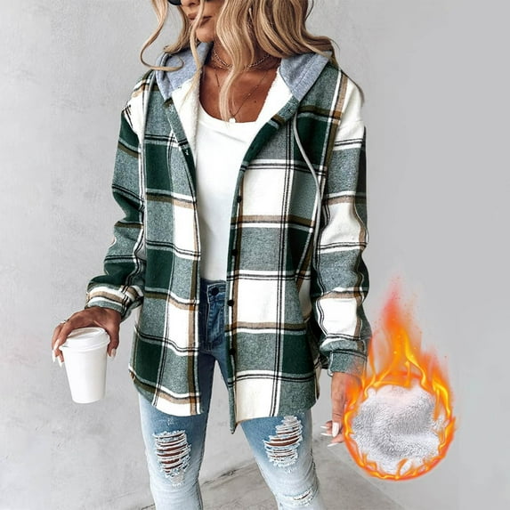 NSLGXD Women's Casual Plaid Hooded Shacket Flannel Drawstring Jacket Fleece Lined Button Down Shirt Hoodie with Pocket