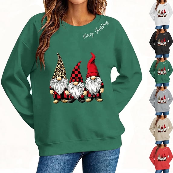 NSLGXD Women's Christmas Sweatshirt Cute Gnomes Print Crewneck Long Sleeve Casual Fall Winter Holiday Tops S-2XL