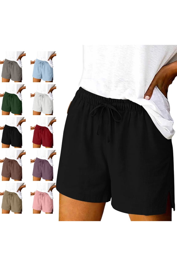 Women's Cotton Linen Blend Shorts Drawstring Elastic Waist Casual Shorts 5 Inch Split Hem Summer Shorts with Pockets S-2XL Black Shorts