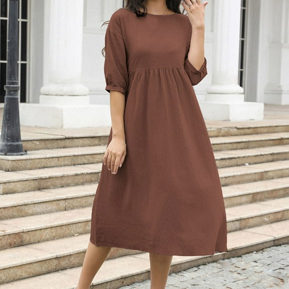 NSLGXD Women's Cotton Linen Midi Dress Summer Casual Elbow Sleeve Crewneck Loose Dresses High Waist Pleated Comfy A Line Dress