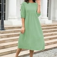 thumbnail image 1 of NSLGXD Women's Cotton Linen Midi Dress Summer Casual Elbow Sleeve Crewneck Loose Dresses High Waist Pleated Comfy A Line Dress, 1 of 5