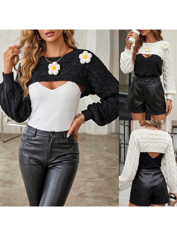 Women's Cropped Shrug Sweater Long Sleeve Cable Knit Pullover Daisy Floral Decor Y2K Fall Fashion Tops
