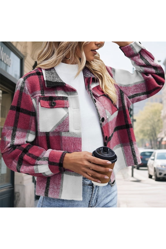 Women's Flannel Cropped Shacket Classic Plaid Shirt Jackets Button Down Shirts Short Coat Long Sleeve Crop Top Casual Spring Fall Outerwear
