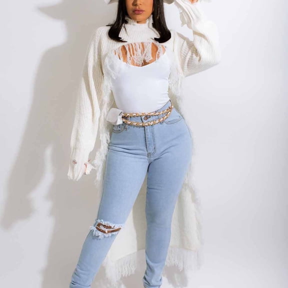 NSLGXD Women's Fringe Sweaters Open Front Pullover Cardigans Stylish Long Sleeve Casual Long Cardigan