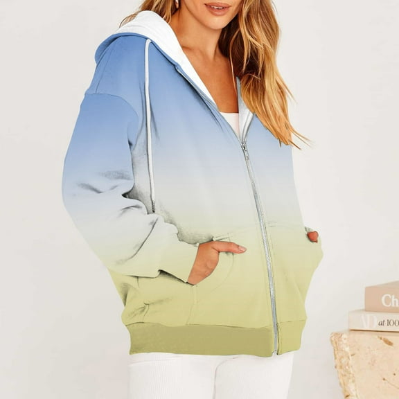 NSLGXD Women's Gradient Color Hoodies Zip Up Loose Fit Sweatshirts with Hood Long Sleeve Winter Warm Outwear Coats with Pocket