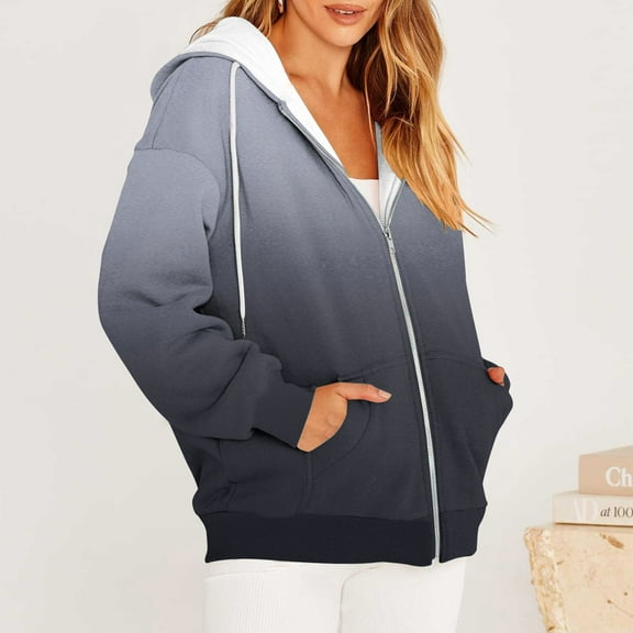 NSLGXD Women's Gradient Color Hoodies Zip Up Loose Fit Sweatshirts with Hood Long Sleeve Winter Warm Outwear Coats with Pocket