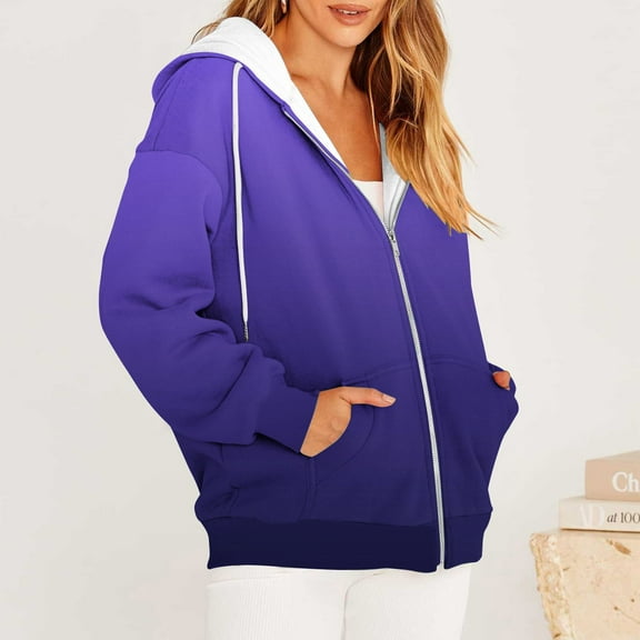 NSLGXD Women's Gradient Color Hoodies Zip Up Loose Fit Sweatshirts with Hood Long Sleeve Winter Warm Outwear Coats with Pocket