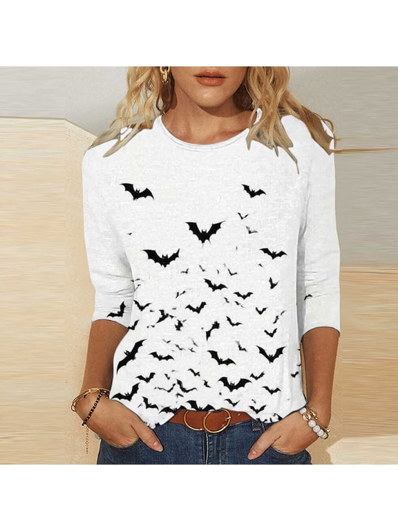 Women's Graphic T Shirts 3/4 Sleeve Crew Neck Black Bat Gothic Halloween Breathable Casual Tees Plus Size S-5XL