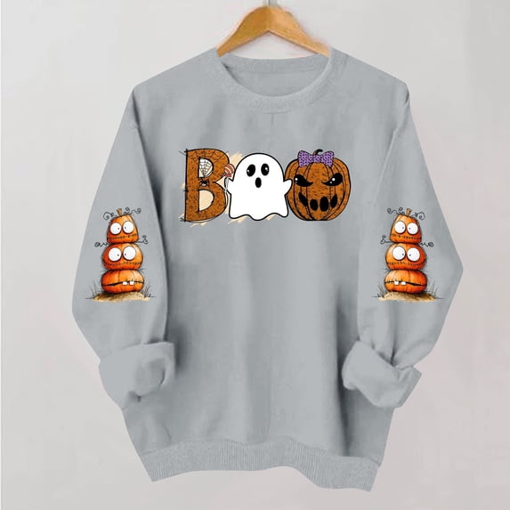 NSLGXD Women's Halloween Sweatshirts Cute Print Pullovers Trendy Holiday Round Neck Long Sleeve Y2k Tops Halloween Costumes