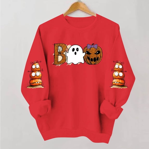 NSLGXD Women's Halloween Sweatshirts Cute Print Pullovers Trendy Holiday Round Neck Long Sleeve Y2k Tops Halloween Costumes