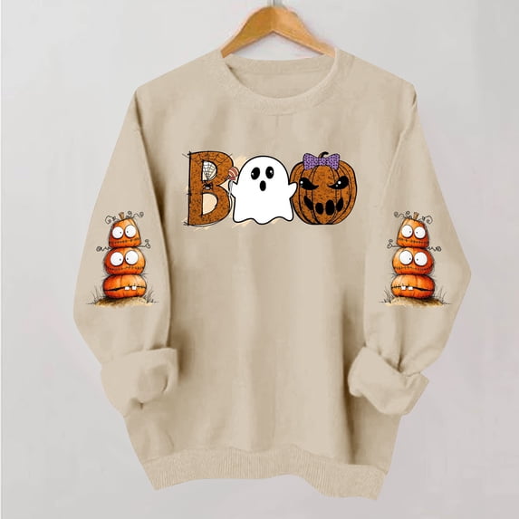 NSLGXD Women's Halloween Sweatshirts Cute Print Pullovers Trendy Holiday Round Neck Long Sleeve Y2k Tops Halloween Costumes