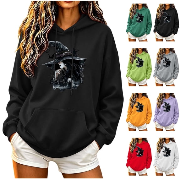 NSLGXD Women's Halloween Sweatshirts Funny Witch Graphic Pullover Hoodies Vintage Classic Long Sleeve Sweat Tops Halloween Costumes S-2XL