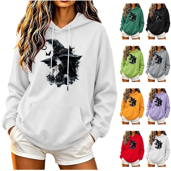 NSLGXD Women's Halloween Sweatshirts Funny Witch Graphic Pullover Hoodies Vintage Classic Long Sleeve Sweat Tops Halloween Costumes S-2XL