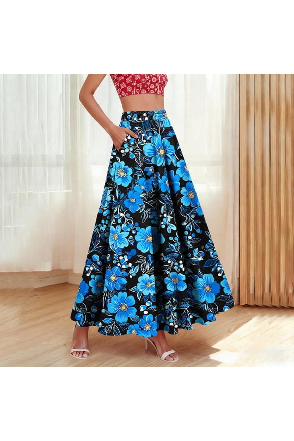 Women's High Waisted Boho Maxi Skirts Retro Printed A-Line Long Skirt Elastic Waist Ruffle Hem Flowy Skirt with Pockets S-3XL