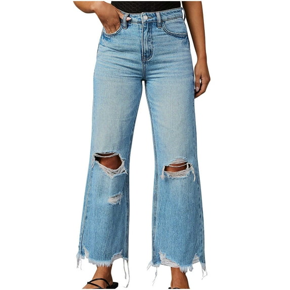 NSLGXD Women's Jean Pants Ripped Straight Leg Jeans High Waist Distressed Cutout Denim Pants Frayed Hem Wide Leg Straight Trousers with Pockets Blue XL