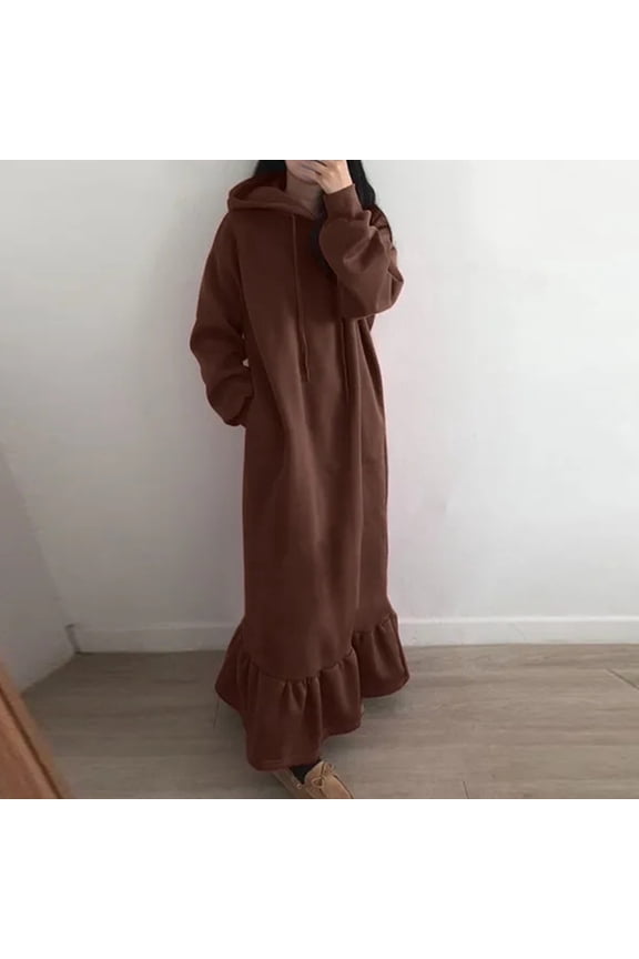 Women's Oversized Sweatshirt Dress Casual Loose Long Sleeve Long Hoodie Dresses Ruffle Hem Winter Pullover Maxi Dress with Pockets