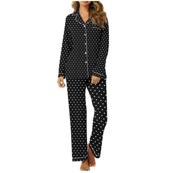 NSLGXD Women's Pajamas Set Cute Polka Dot Print 2 Piece Outfit Sets Button Up Long Sleeve Top and Palazzo Pant Fall Pajamas Set with Pocket