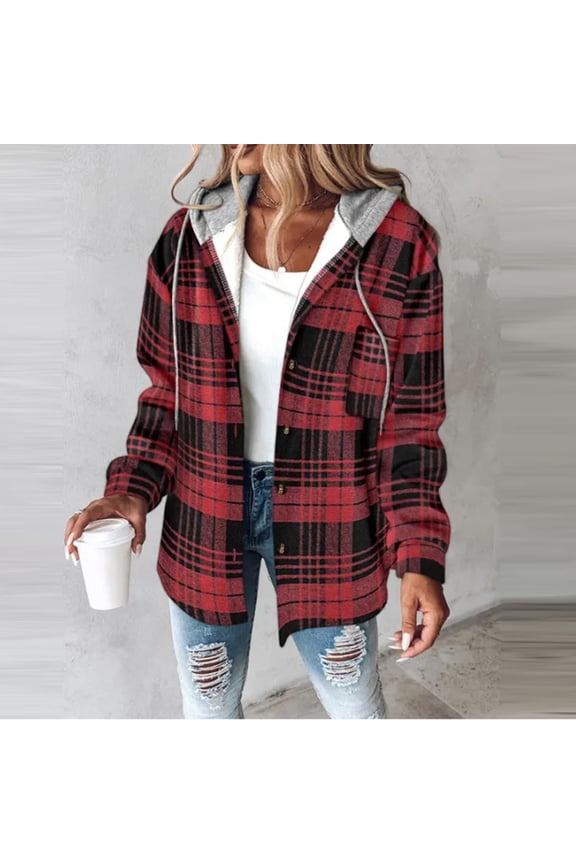 Women's Plaid Flannel Shirts Hoodie Long Sleeve Oversized Shirt Jacket Button Down Blouse Tops Pockets Shacket Jacket for Teen Girl