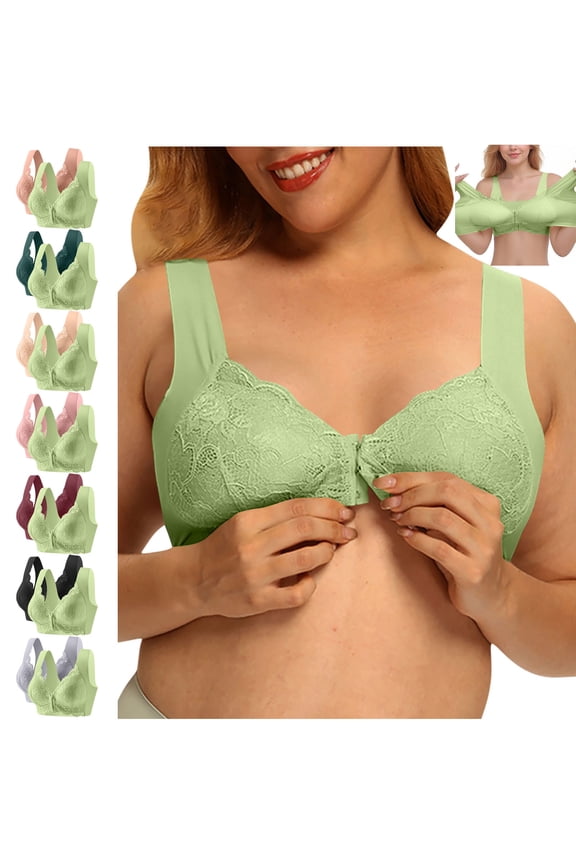 Women's Plus Size Bras Comfort Wireless Lace Bras Push Up Full Coverage Bralette Front Closure Everyday Bras for Senior 2pc XL