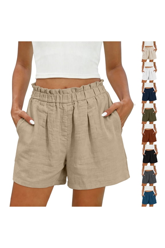 Women's Plus Size Cotton Linen Shorts High Waisted Elastic Pleated Shorts Loose Fit Summer Casual Shorts with Side Pockets S-3XL Navy Shorts