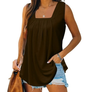 NSLGXD Women's Sleeveless Shirt Trendy Pleats Square Neck Blouse Loose Casual Solid Color Tunic Summer Soft Stretchy Tops 2024