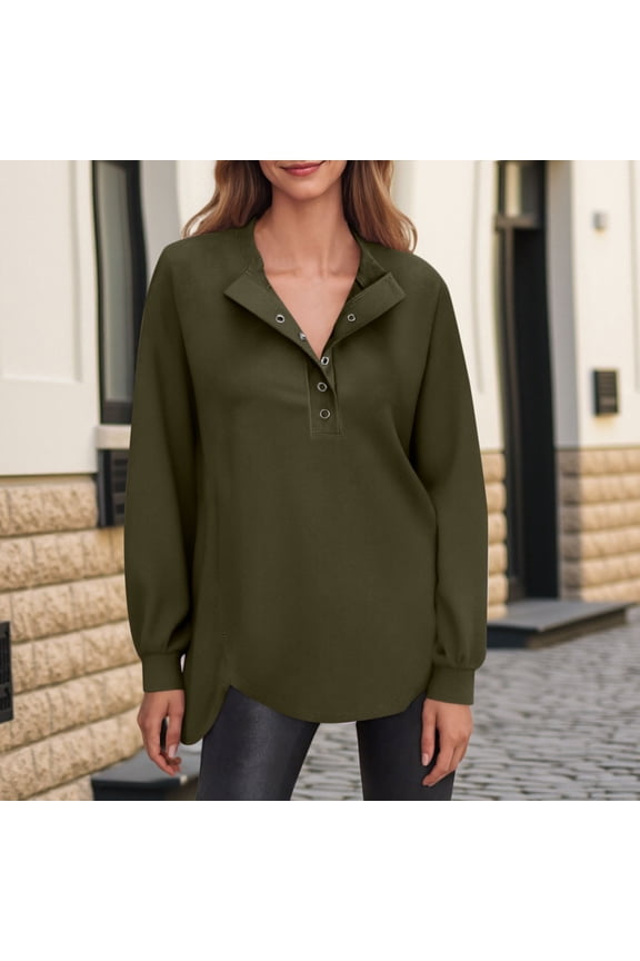 Women's Snap Button Sweatshirt Long Sleeve Henley Shirts Fall V Neck Tunic Tops Casual Loose Fit Basic Pullover Top
